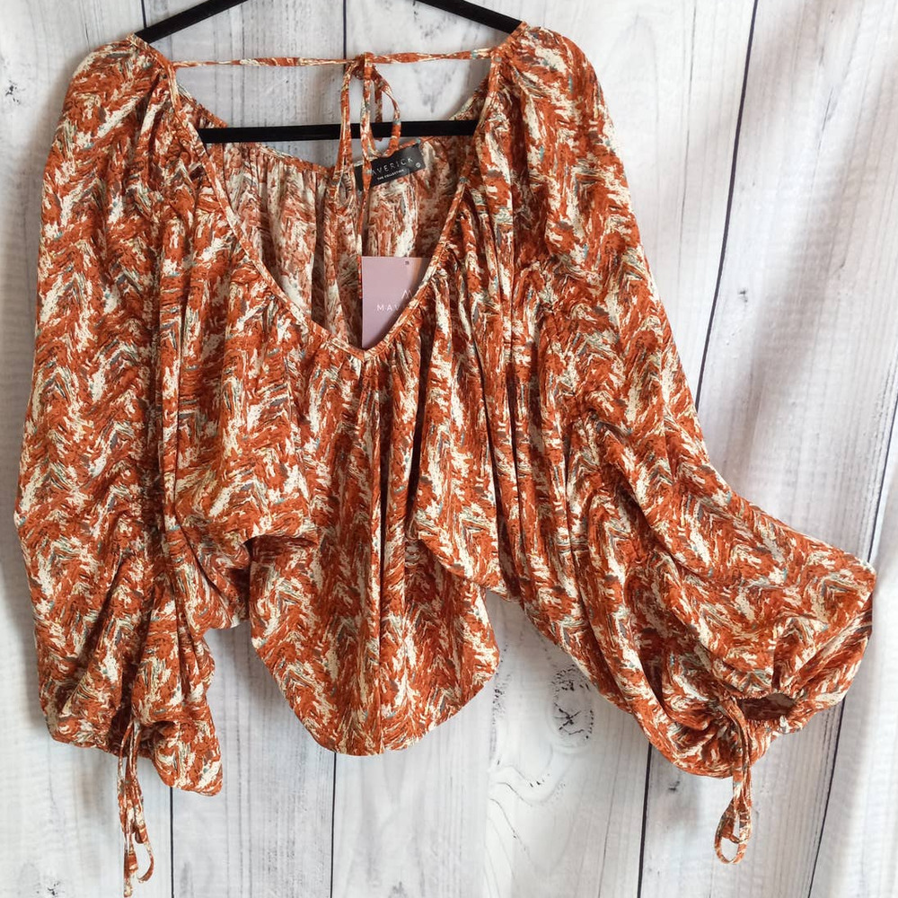 Maverick The Collection | Abstract Earth-Tone Oversized Boho V-Neck Peasant Top